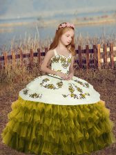 Latest Straps Sleeveless Little Girl Pageant Gowns Floor Length Embroidery and Ruffles Olive Green Organza