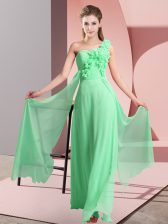 Enchanting One Shoulder Sleeveless Lace Up Dama Dress Green Chiffon