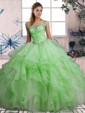 Dramatic Off The Shoulder Sleeveless Organza Quince Ball Gowns Beading and Ruffles Lace Up
