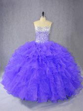 Customized Purple Organza Lace Up Quinceanera Gowns Sleeveless Floor Length Ruffles