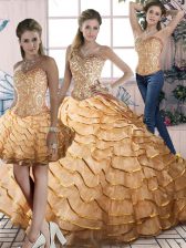 Charming Gold Organza Lace Up Sweetheart Sleeveless Quinceanera Dresses Brush Train Beading and Ruffles