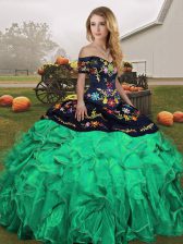 Suitable Green Off The Shoulder Neckline Embroidery and Ruffles Quinceanera Gowns Sleeveless Lace Up