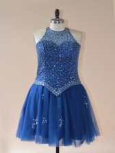 Great Royal Blue Halter Top Neckline Beading Homecoming Dress Sleeveless Lace Up