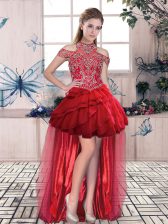 Cute Red Lace Up Prom Dresses Beading and Ruffled Layers Sleeveless High Low