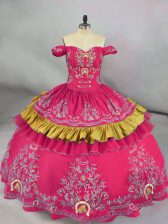  Ball Gowns Quince Ball Gowns Hot Pink Off The Shoulder Satin Sleeveless Floor Length Lace Up