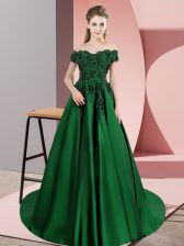 Glittering Dark Green Sleeveless Court Train Lace Quince Ball Gowns