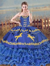 Fantastic Sweetheart Sleeveless Quince Ball Gowns Brush Train Embroidery and Ruffled Layers Blue Organza