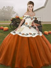 Perfect Floor Length Rust Red 15 Quinceanera Dress Off The Shoulder Sleeveless Lace Up
