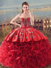 Discount Coral Red Ball Gowns Fabric With Rolling Flowers Sweetheart Sleeveless Embroidery and Ruffles Lace Up Ball Gown Prom Dress Brush Train