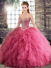 Watermelon Red Ball Gowns Beading and Ruffles 15th Birthday Dress Lace Up Tulle Sleeveless Floor Length