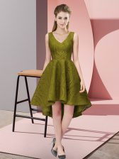  V-neck Sleeveless Vestidos de Damas High Low Lace Olive Green Lace