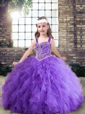 Customized Ball Gowns Kids Pageant Dress Lavender and Purple Straps Tulle Sleeveless Floor Length Lace Up