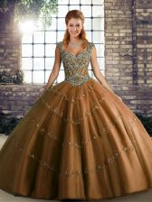 Discount Brown Sweet 16 Dresses Military Ball and Sweet 16 and Quinceanera with Beading and Appliques Straps Sleeveless Lace Up