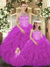 Floor Length Fuchsia Quinceanera Gown Halter Top Sleeveless Lace Up