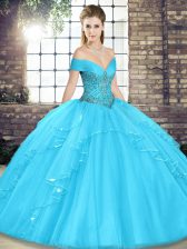  Aqua Blue Quinceanera Dresses Military Ball and Sweet 16 and Quinceanera with Beading and Ruffles Off The Shoulder Sleeveless Lace Up