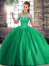  Green Tulle Lace Up Vestidos de Quinceanera Sleeveless Brush Train Beading
