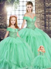 Clearance Off The Shoulder Sleeveless Quinceanera Gowns Floor Length Beading and Ruffles Apple Green Tulle