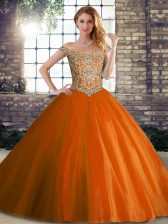 Luxury Orange Red Ball Gowns Beading Sweet 16 Dresses Lace Up Tulle Sleeveless