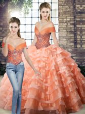  Sleeveless Brush Train Lace Up Beading and Ruffled Layers Sweet 16 Quinceanera Dress
