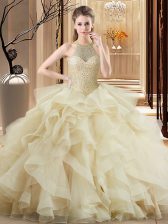 Sexy Quinceanera Gown Champagne for Sweet 16 and Quinceanera with Beading and Ruffles Brush Train