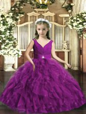  Eggplant Purple V-neck Neckline Beading and Ruffles Little Girl Pageant Gowns Sleeveless Backless