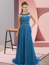 Admirable Scoop Sleeveless Chiffon Prom Dress Beading Brush Train Zipper