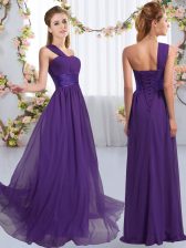 High Class Purple Quinceanera Court of Honor Dress Wedding Party with Ruching One Shoulder Sleeveless Lace Up