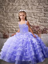  Sleeveless Organza Floor Length Lace Up Pageant Gowns For Girls in Lavender with Ruffled Layers