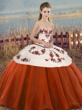 Hot Selling Rust Red Ball Gowns Tulle Sweetheart Sleeveless Embroidery and Bowknot Floor Length Lace Up Quinceanera Gown