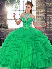 Traditional Green Ball Gowns Tulle Halter Top Sleeveless Beading and Ruffles Floor Length Lace Up Sweet 16 Dresses