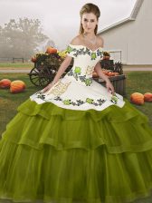 Lovely Olive Green Sleeveless Tulle Brush Train Lace Up Quince Ball Gowns for Military Ball and Sweet 16 and Quinceanera