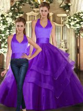 Adorable Purple Two Pieces Ruffled Layers Quince Ball Gowns Lace Up Tulle Sleeveless Floor Length