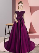  Purple A-line Satin Off The Shoulder Sleeveless Lace Zipper Quinceanera Gown Court Train