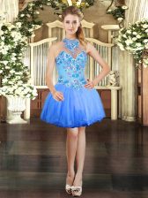  Blue Tulle Lace Up Halter Top Sleeveless Mini Length Prom Dress Embroidery