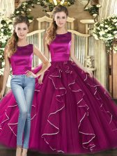  Floor Length Two Pieces Sleeveless Fuchsia Vestidos de Quinceanera Lace Up