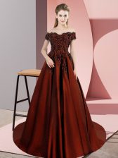  Rust Red Zipper Off The Shoulder Appliques Quinceanera Dresses Satin Sleeveless Court Train