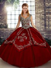 Fashionable Wine Red Tulle Lace Up Straps Sleeveless Floor Length 15 Quinceanera Dress Beading and Embroidery