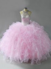 Spectacular Pink Halter Top Neckline Beading and Ruffles Quince Ball Gowns Sleeveless Lace Up