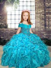  Aqua Blue Ball Gowns Beading Pageant Dress Wholesale Lace Up Organza Sleeveless Floor Length