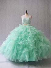  Scoop Sleeveless Quinceanera Gown Floor Length Beading and Lace and Ruffles Apple Green Organza