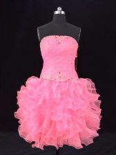 Fantastic Sleeveless Organza Lace Up Prom Evening Gown in Rose Pink with Beading and Ruching