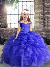 New Arrival Blue Straps Lace Up Beading and Ruffles Girls Pageant Dresses Sleeveless