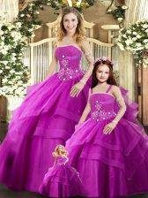 Vintage Fuchsia Sleeveless Tulle Lace Up 15 Quinceanera Dress for Sweet 16 and Quinceanera