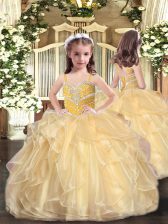 Custom Made Gold Sleeveless Floor Length Beading and Ruffles Lace Up Little Girls Pageant Gowns