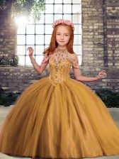  Beading Little Girl Pageant Gowns Brown Lace Up Sleeveless Floor Length