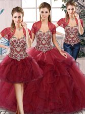 Traditional Floor Length Three Pieces Sleeveless Burgundy Vestidos de Quinceanera Lace Up
