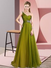 Latest One Shoulder Sleeveless Chiffon Prom Gown Beading Brush Train Criss Cross