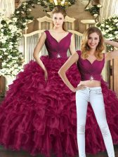 Amazing Floor Length Burgundy Quince Ball Gowns V-neck Sleeveless Backless