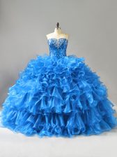  Blue Sweetheart Neckline Beading and Ruffles and Sequins Quinceanera Gowns Sleeveless Lace Up