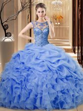  Floor Length Blue Sweet 16 Quinceanera Dress Organza Sleeveless Beading and Ruffles